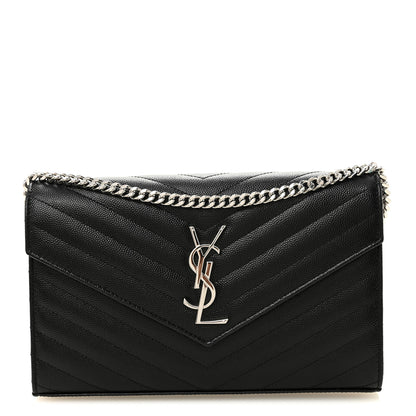 Saint Laurent Grain De Poudre Matelasse Chevron Monogram Chain Wallet Black 1 of 9