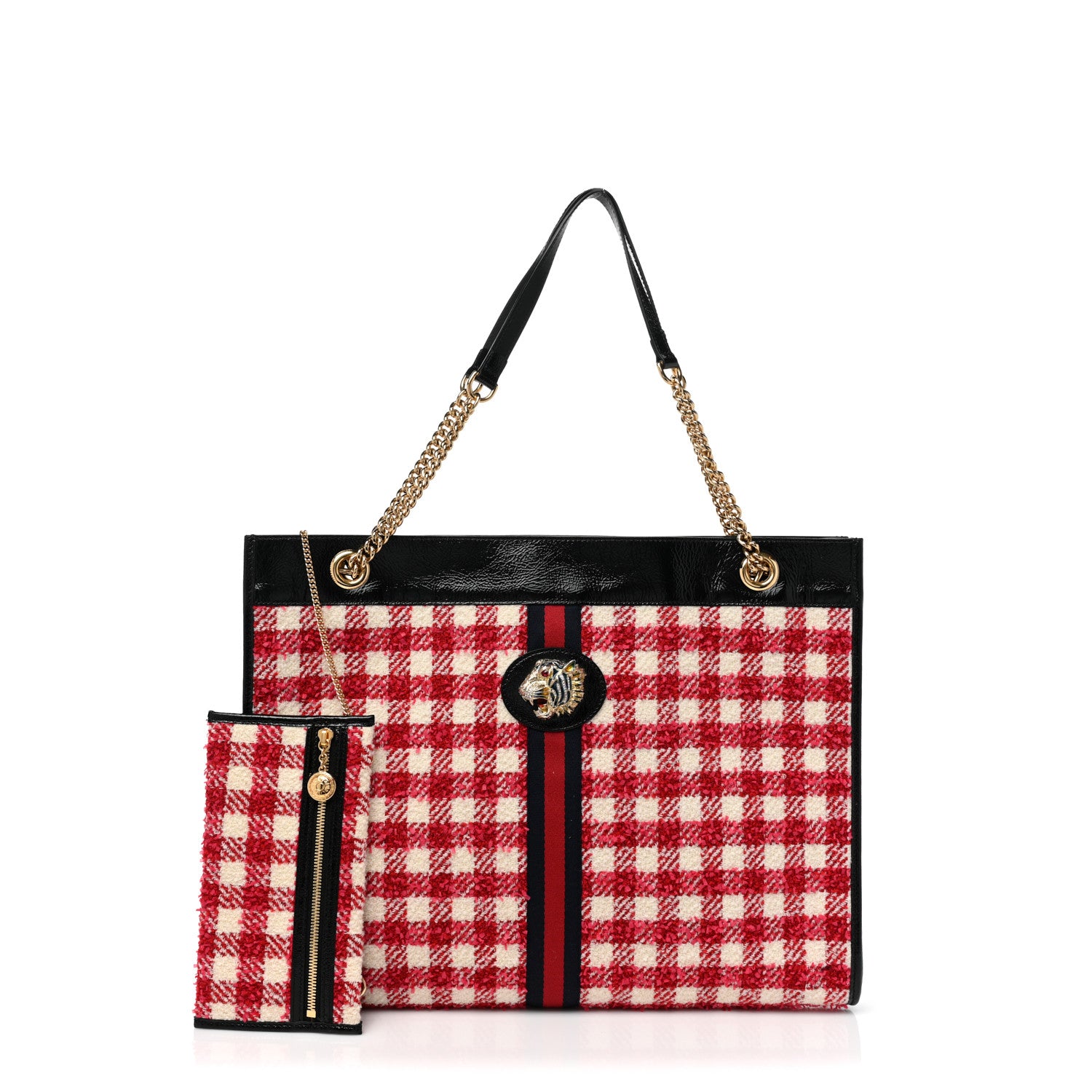 product image of GUCCI Tweed Check Large Rajah Chain Tote Black Red FASHIONPHILE