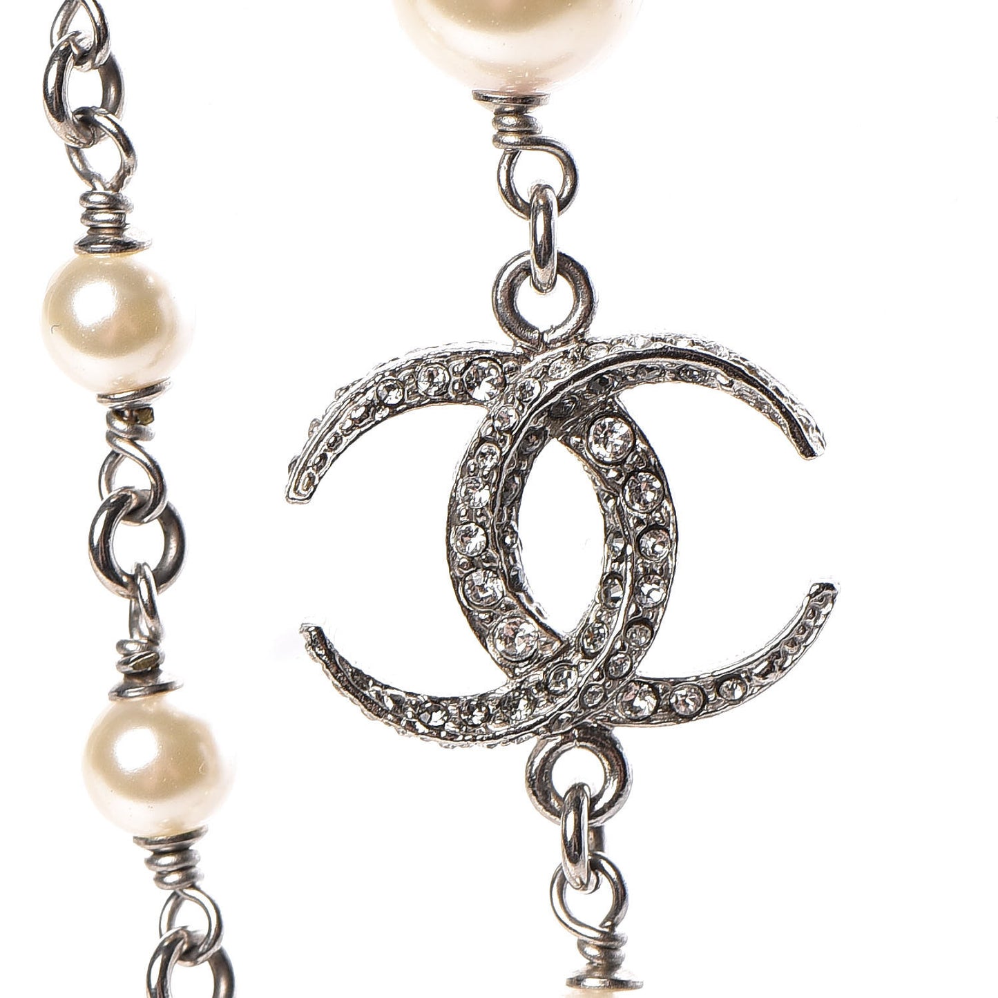 Pearl Baguette Crystal CC Moon Long Necklace Silver