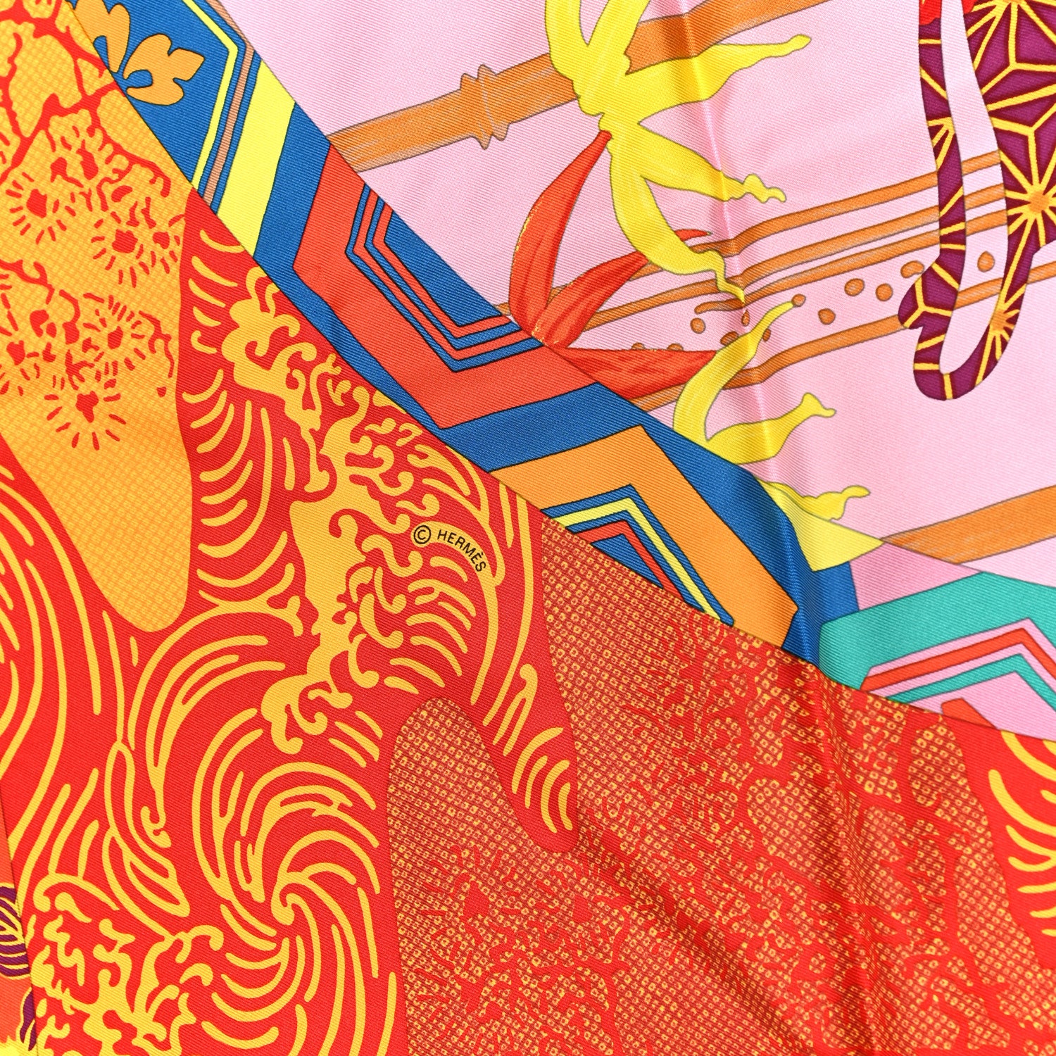 Hermes Silk Ex Libris En Monogram Kimonos Scarf 90 Rouge Rose Jaune 4 of 4