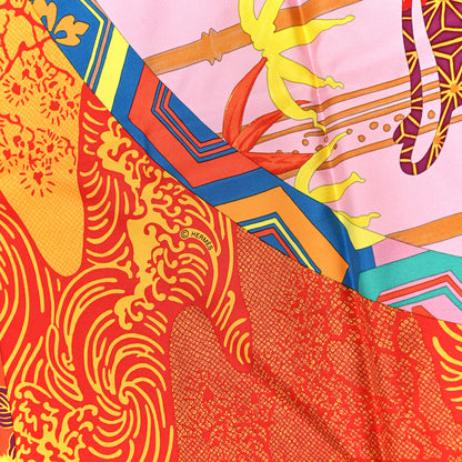 Hermes Silk Ex Libris En Monogram Kimonos Scarf 90 Rouge Rose Jaune 4 of 4