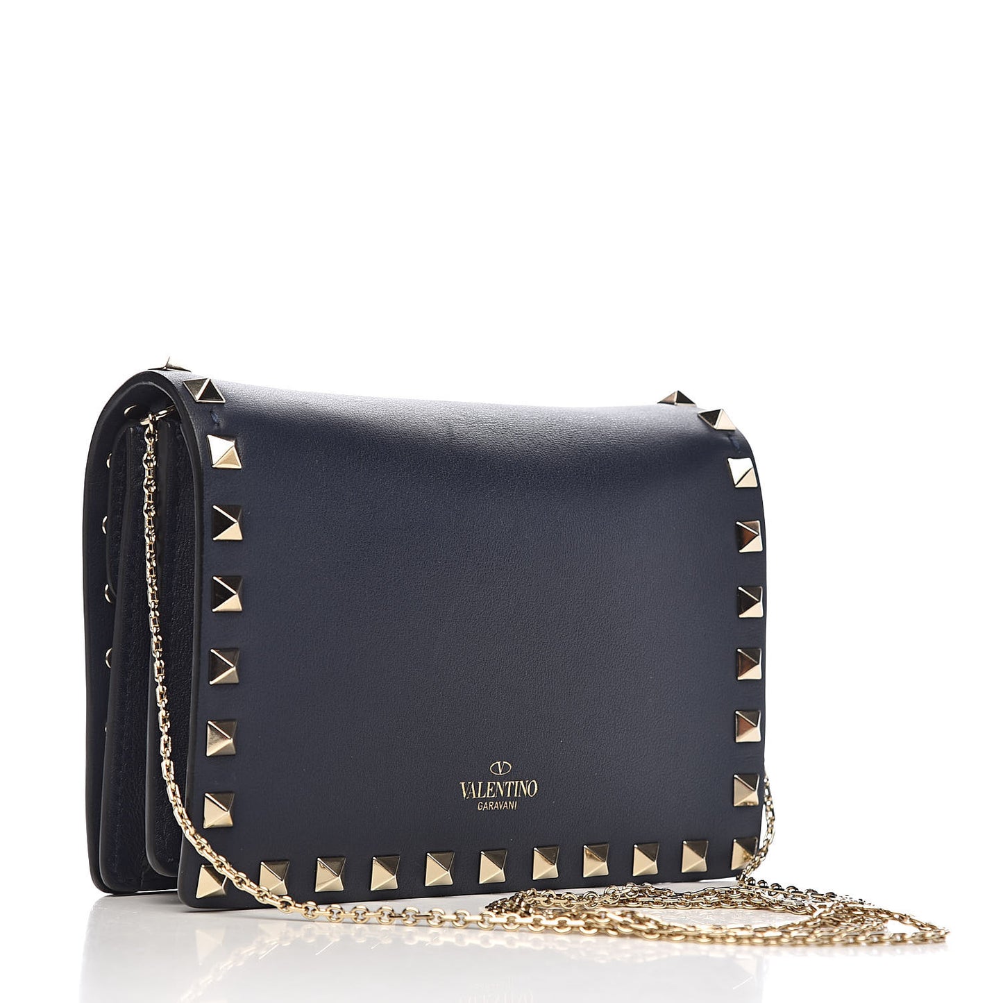 Calfskin Rockstud Wallet on Chain Marine