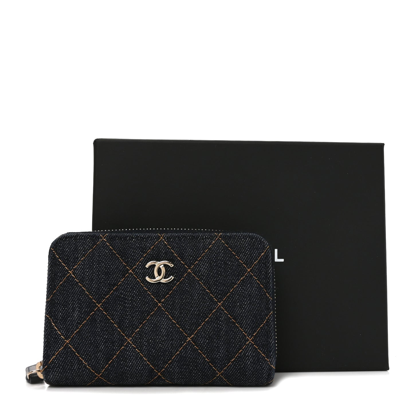 Denim Quilted Zip Coin Purse Dark Blue Orange