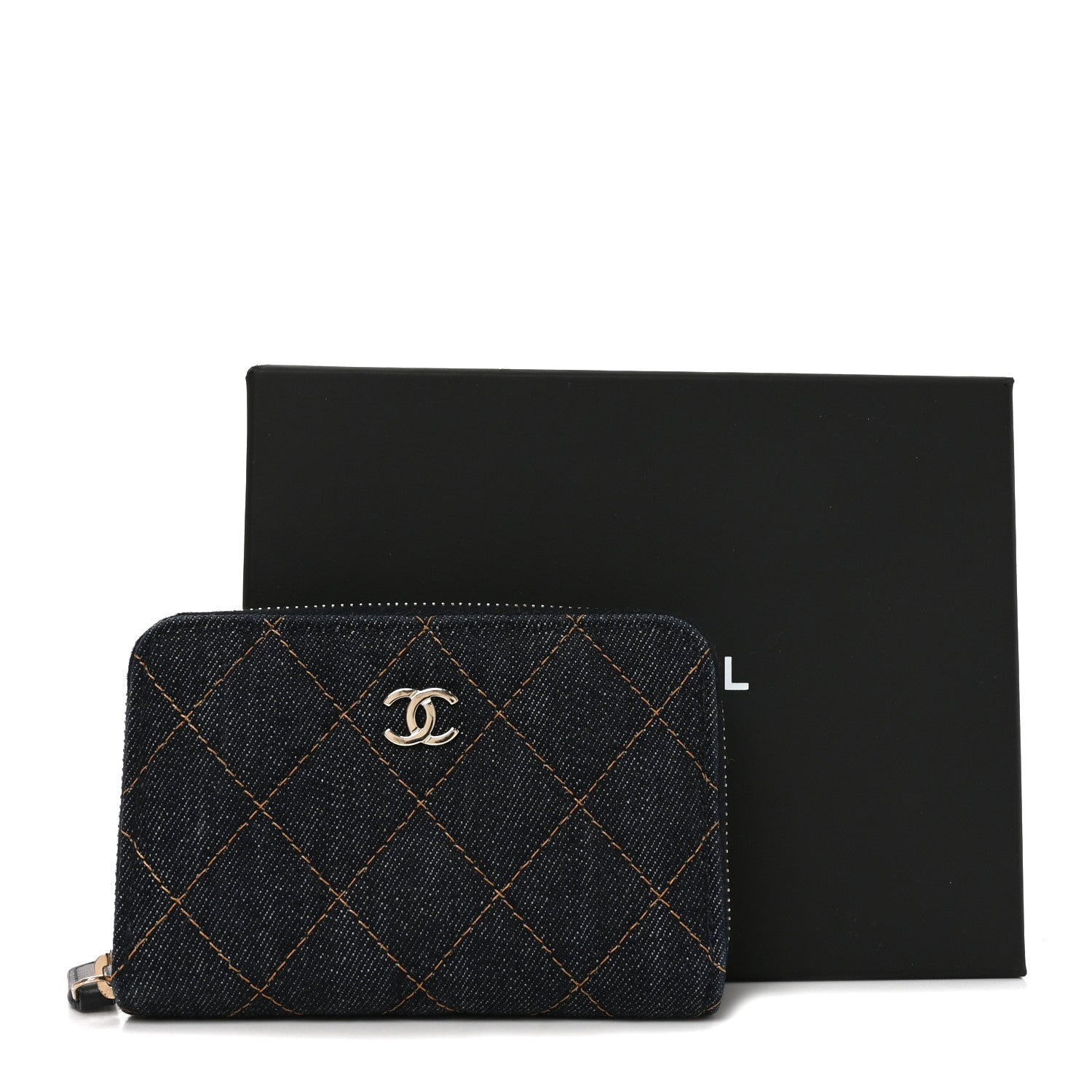Chanel Denim Quilted Zip Coin Purse Dark Blue Orange 8 of 8