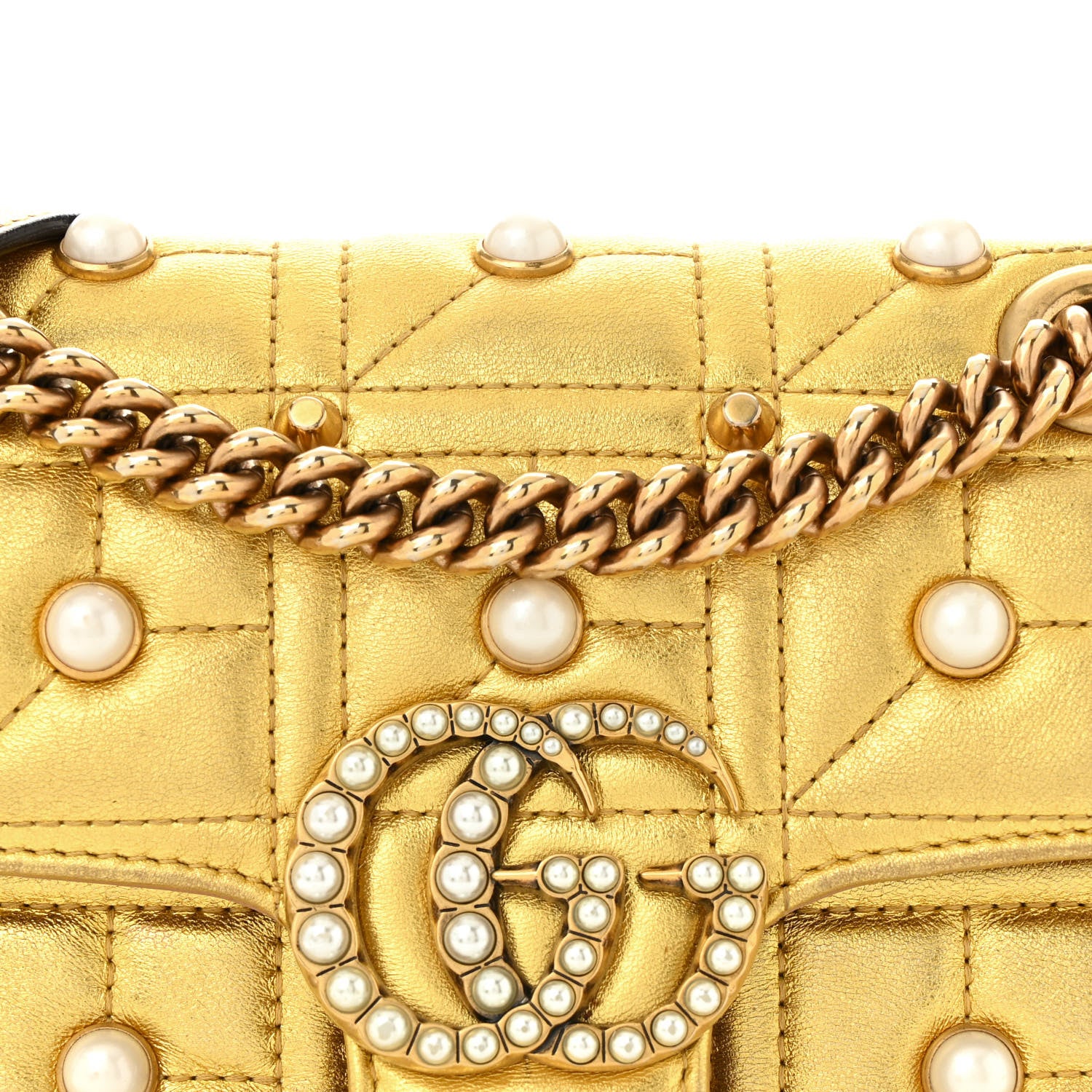Gucci Metallic Calfskin Matelasse Studded Mini Pearly GG Marmont Shoulder Bag Gold 8 of 13