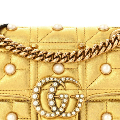 Gucci Metallic Calfskin Matelasse Studded Mini Pearly GG Marmont Shoulder Bag Gold 8 of 13