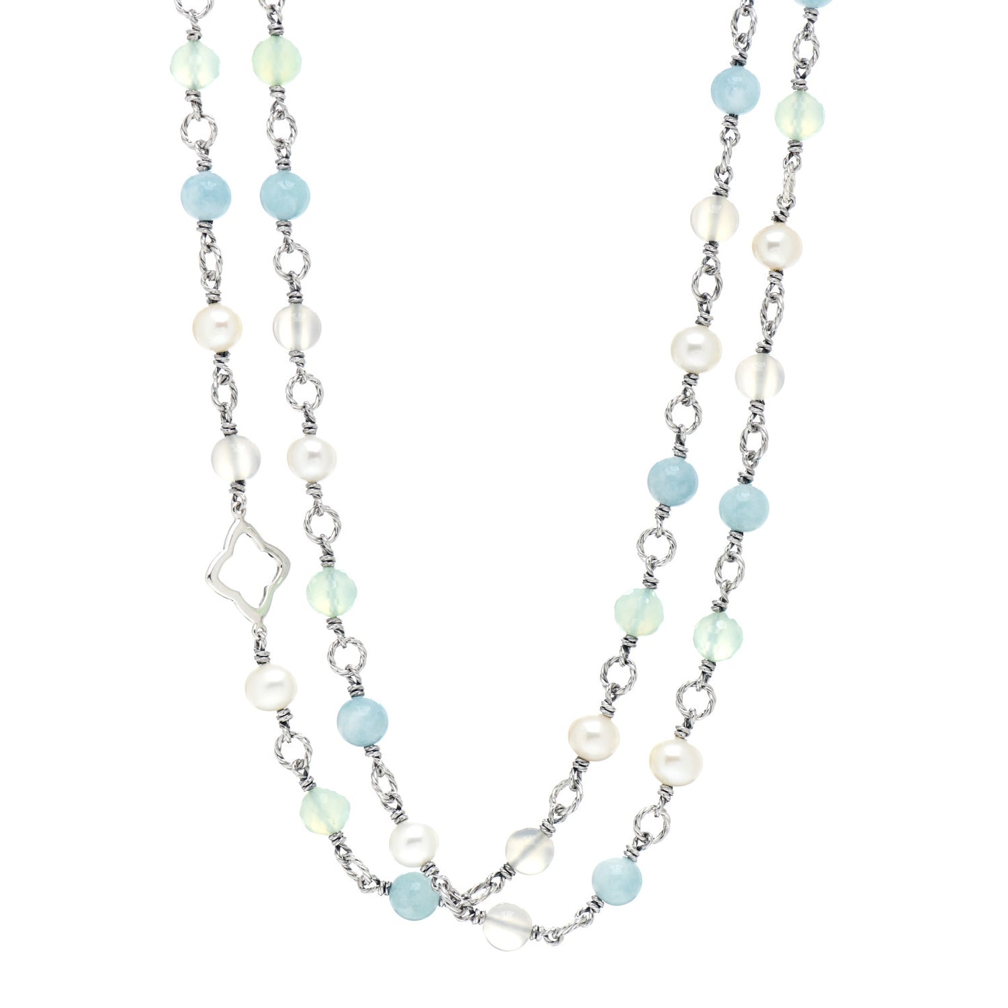 Sterling Silver Pearl Aquamarine Chalcedony Quatrefoil Necklace
