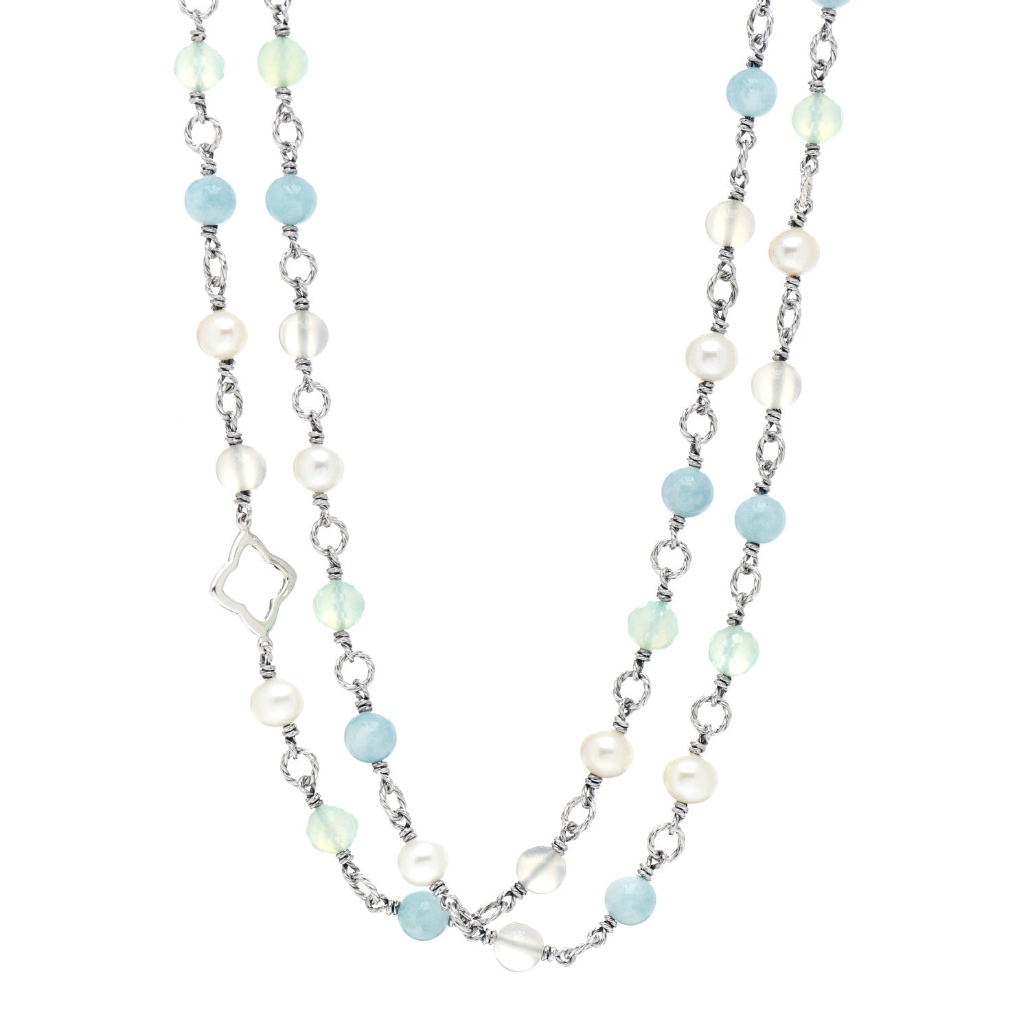 David Yurman Sterling Silver Pearl Aquamarine Chalcedony Quatrefoil Necklace 1 of 4