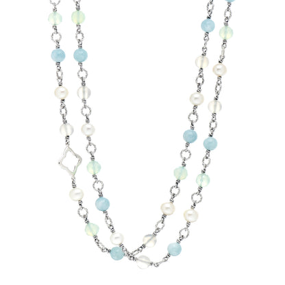 David Yurman Sterling Silver Pearl Aquamarine Chalcedony Quatrefoil Necklace 1 of 4