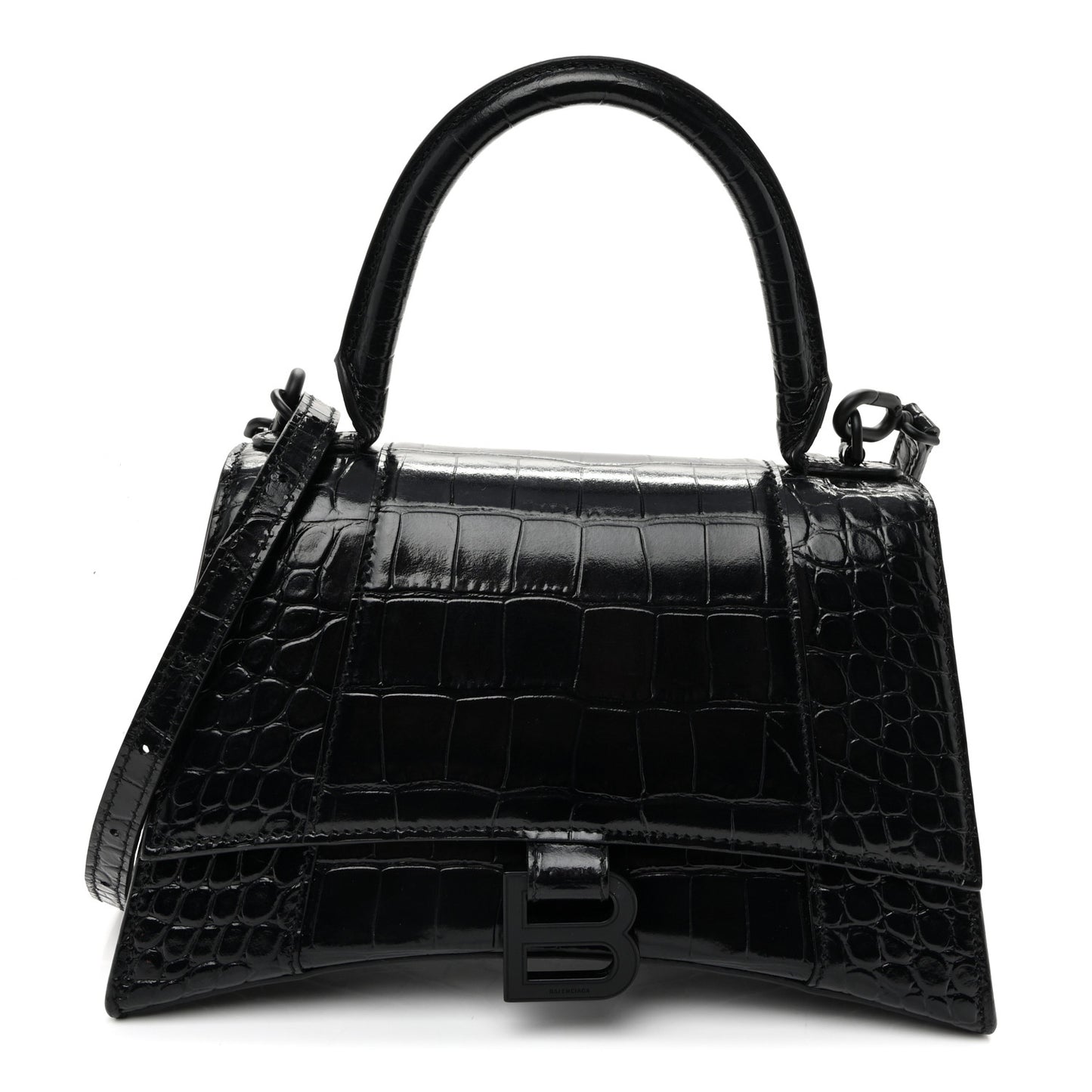 Shiny Calfskin Monochrome Crocodile Embossed Small Hourglass Top Handle Bag Black
