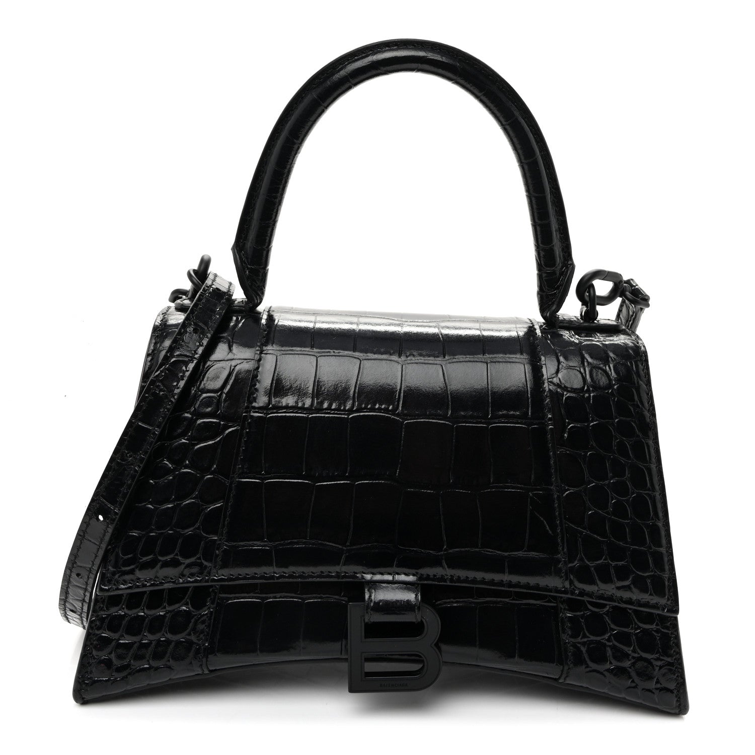 Balenciaga Shiny Calfskin Monochrome Crocodile Embossed Small Hourglass Top Handle Bag Black 1 of 10