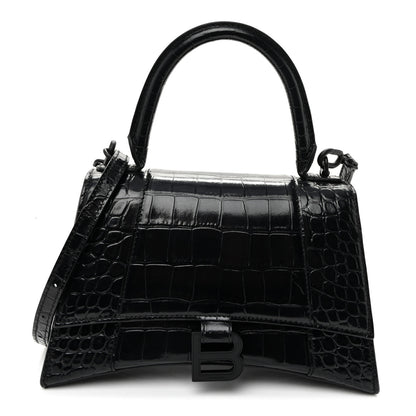Balenciaga Shiny Calfskin Monochrome Crocodile Embossed Small Hourglass Top Handle Bag Black 1 of 10