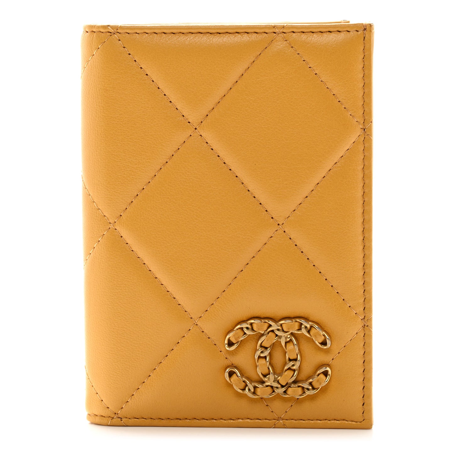 Lambskin Quilted Chanel 19 Passport Holder Yellow