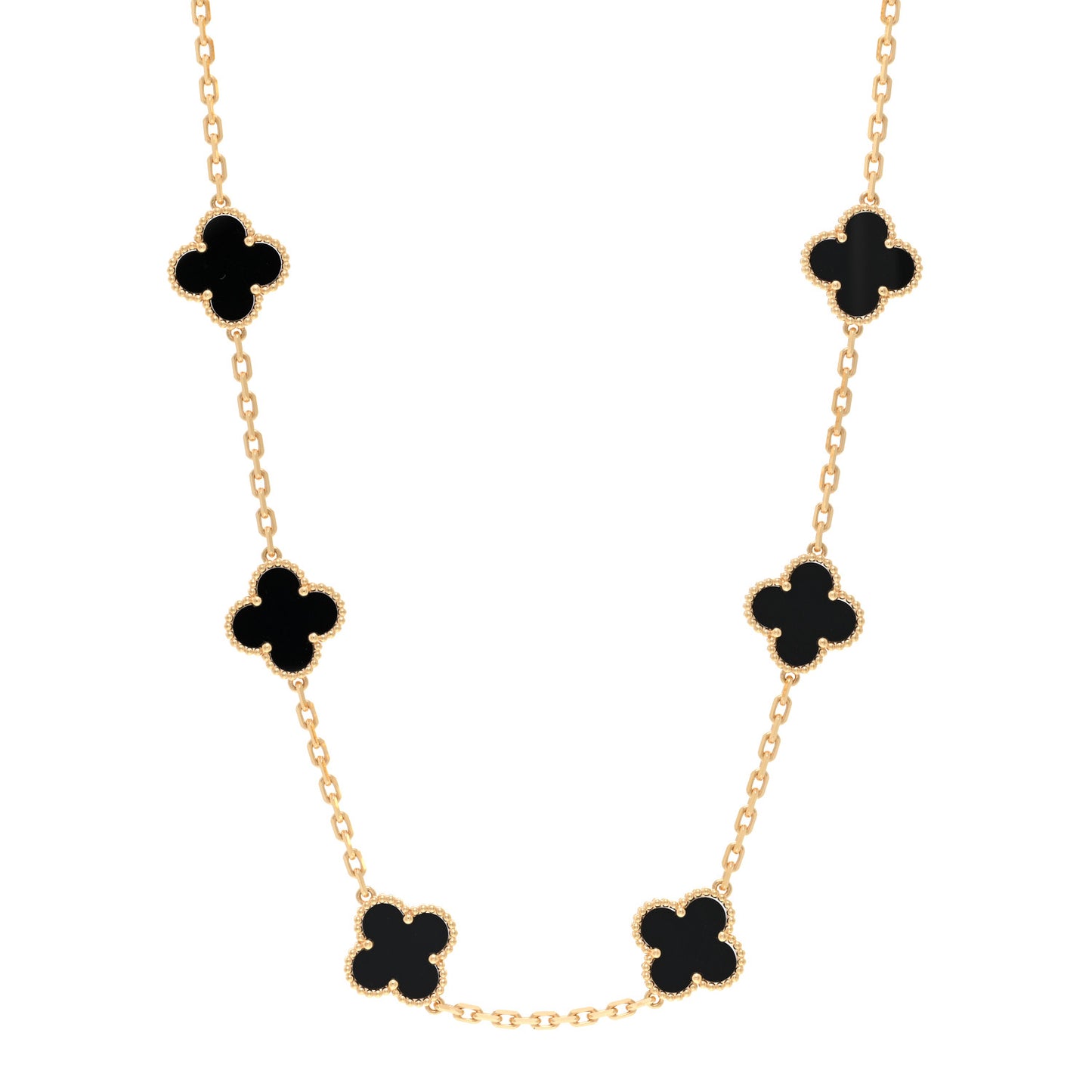 18K Yellow Gold Black Onyx 10 Motifs Vintage Alhambra Necklace