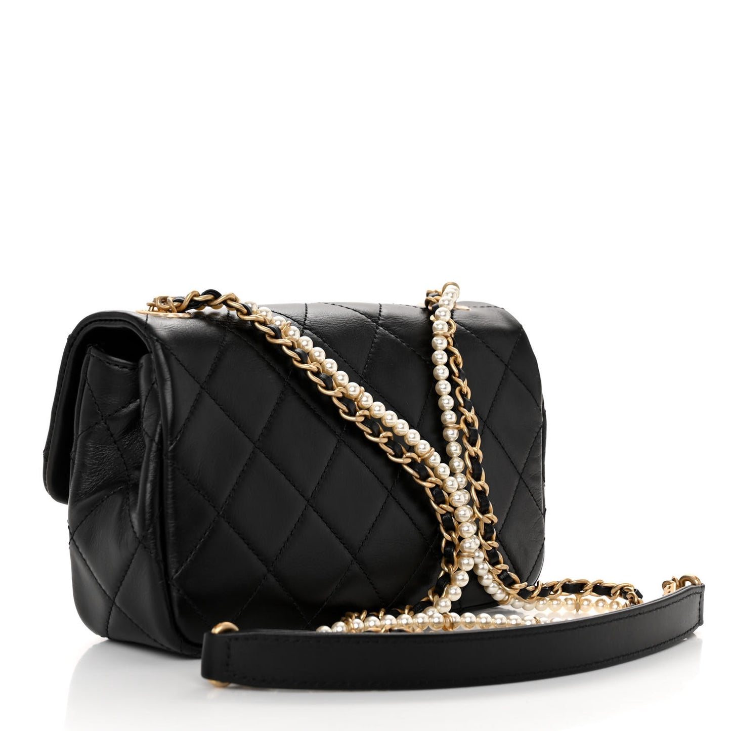 Calfskin Quilted Mini Rectangular Crystal Pearls Chain Flap Black