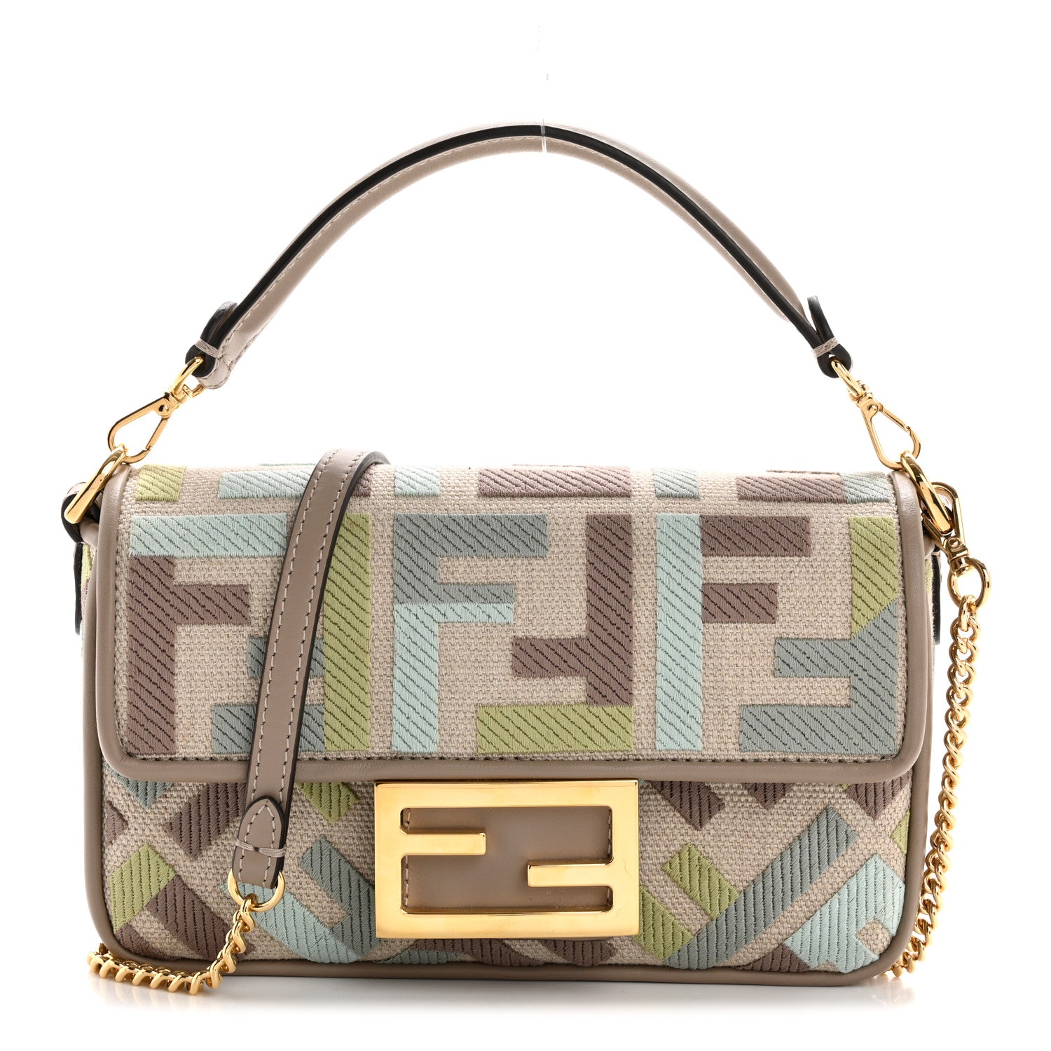 Fendi Canvas Vitello King Seta FF Embroidered Mini Baguette Matcha Fendi Canvas Vitello King Seta FF Embroidered Mini Baguette Matcha