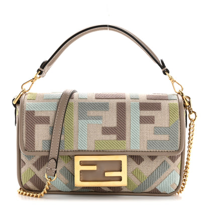 Fendi Canvas Vitello King Seta FF Embroidered Mini Baguette Matcha Milk Dove 1 of 12