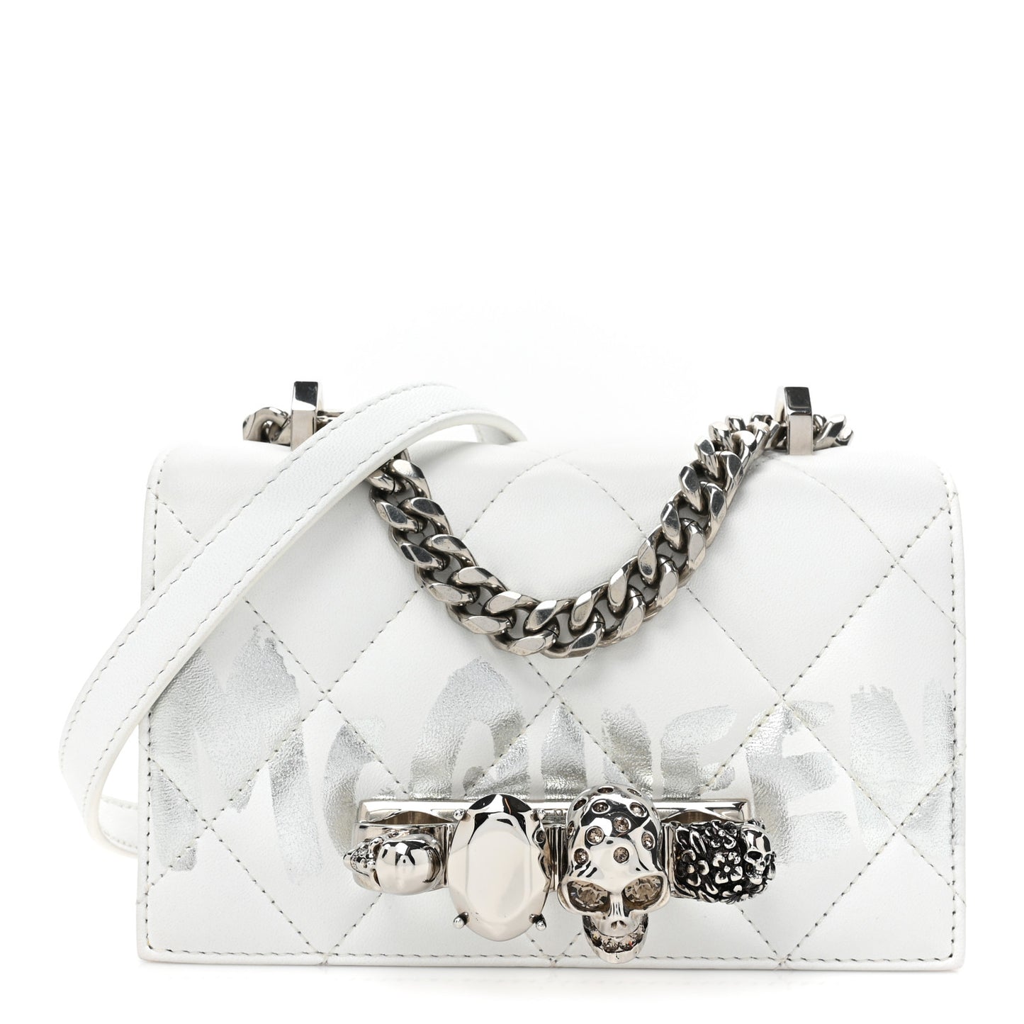 Lambskin Quilted Graffiti Skull Knuckle Crossbody White