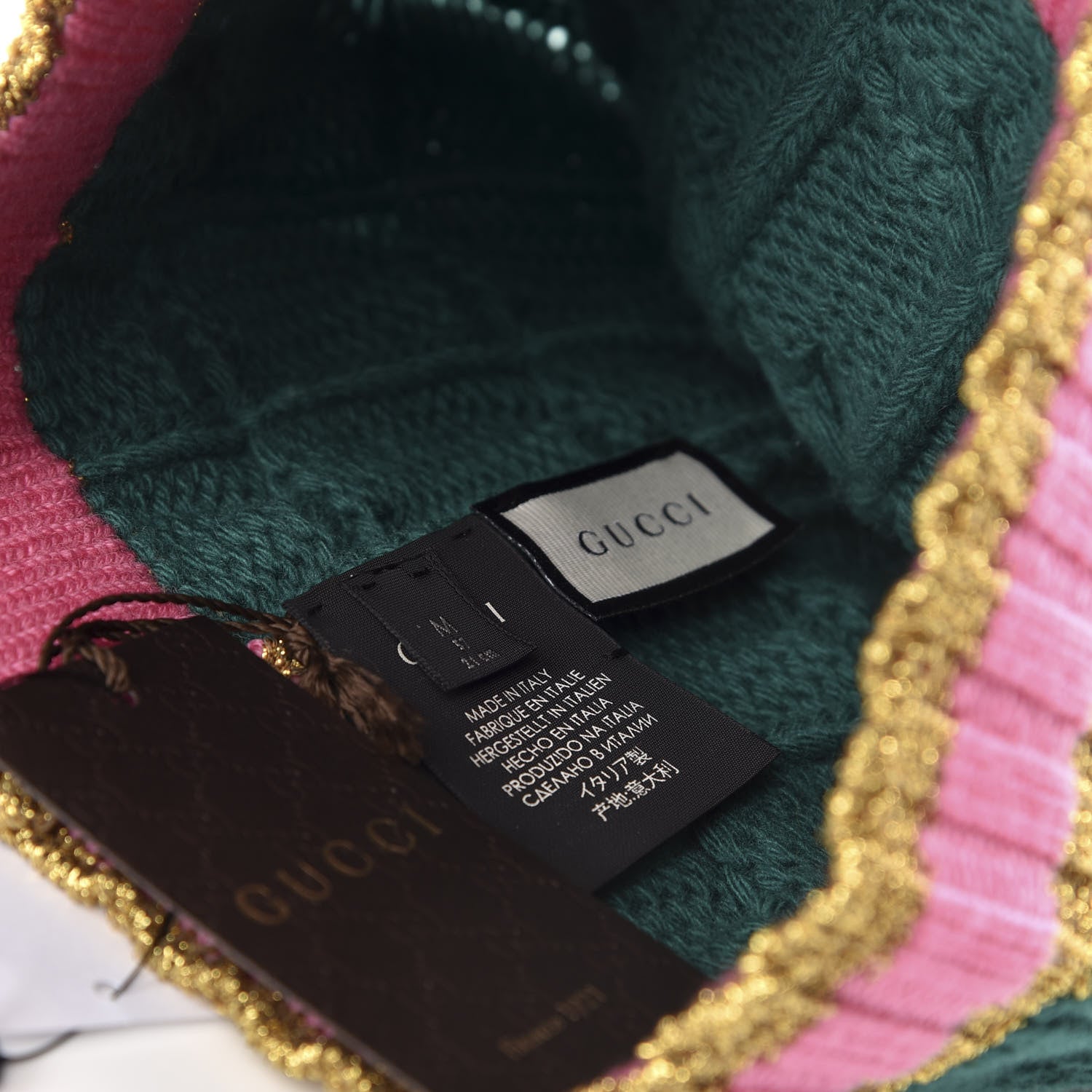 Gucci Wool Cashmere Polyamide Cable Knit Bonhate Beanie Hat M Grass Green Pink 4 of 4