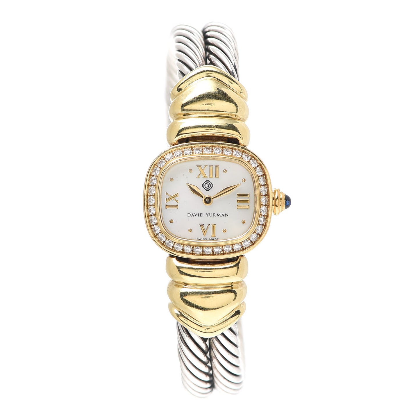 Sterling Silver 18K Yellow Gold Diamond Bezel Mother of Pearl 21mm Classic Cable Quartz Watch