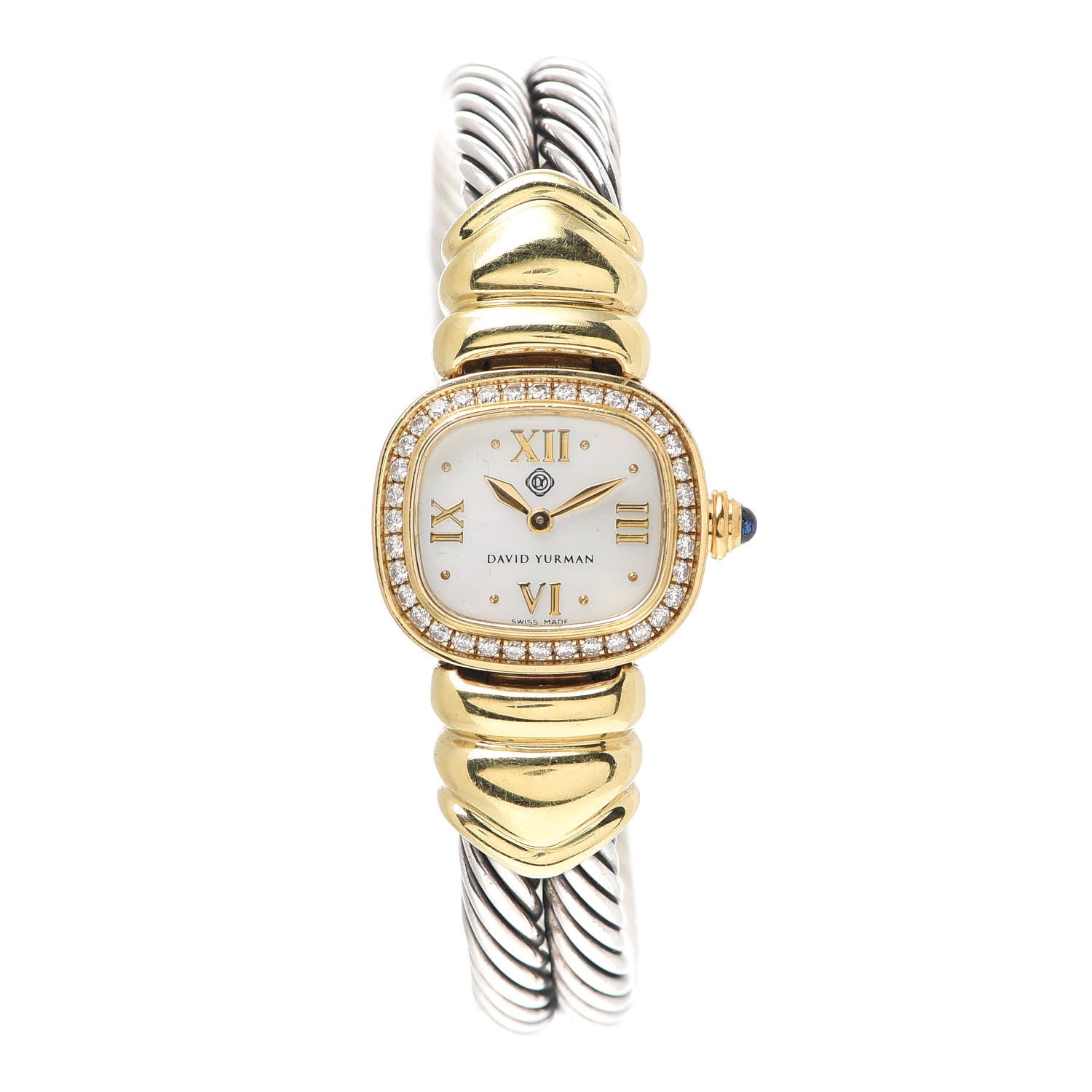 David Yurman Sterling Silver 18K Yellow Gold Diamond Bezel Mother of Pearl 21mm Classic Cable Quartz Watch 1 of 6