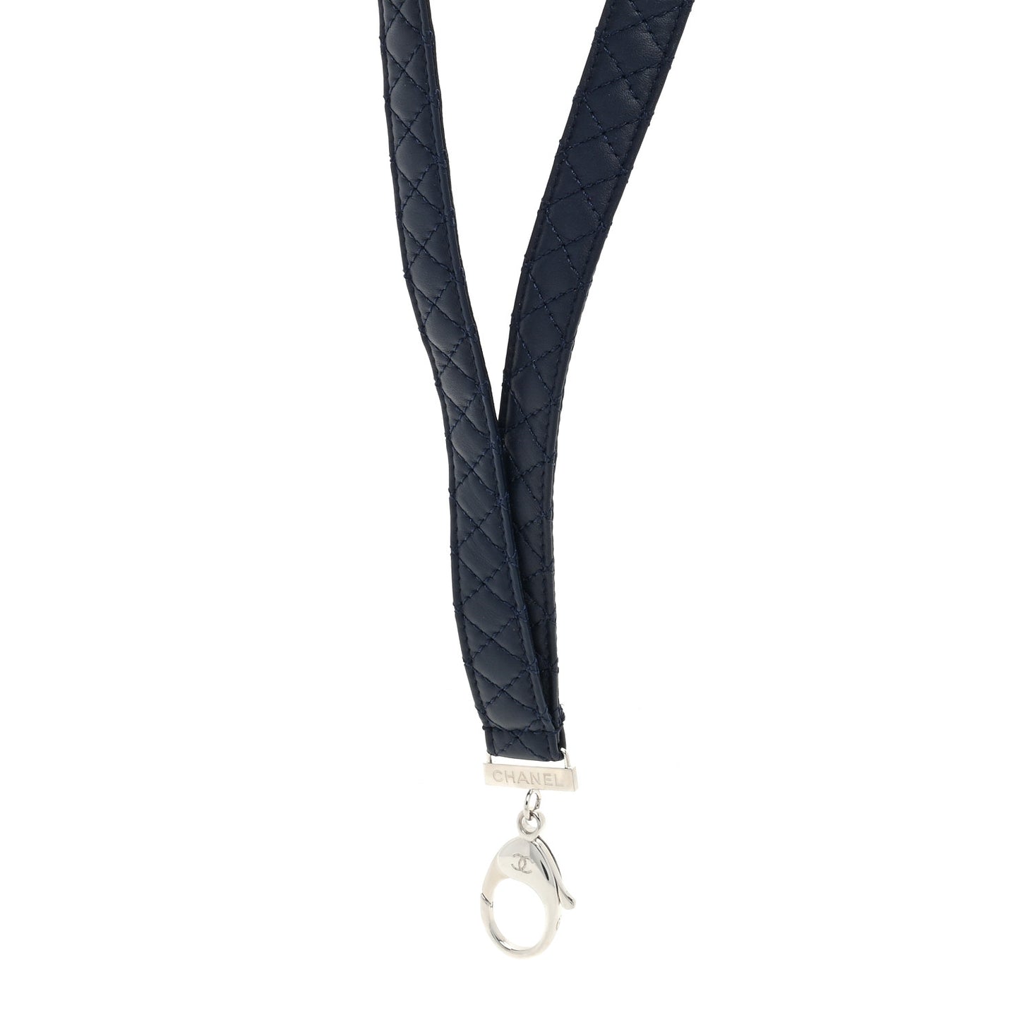 Lambskin Quilted Lanyard Key Holder Necklace Navy