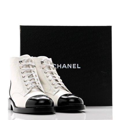 Chanel Distressed Patent Cap Toe Combat Boots 41 White Black 9 of 9