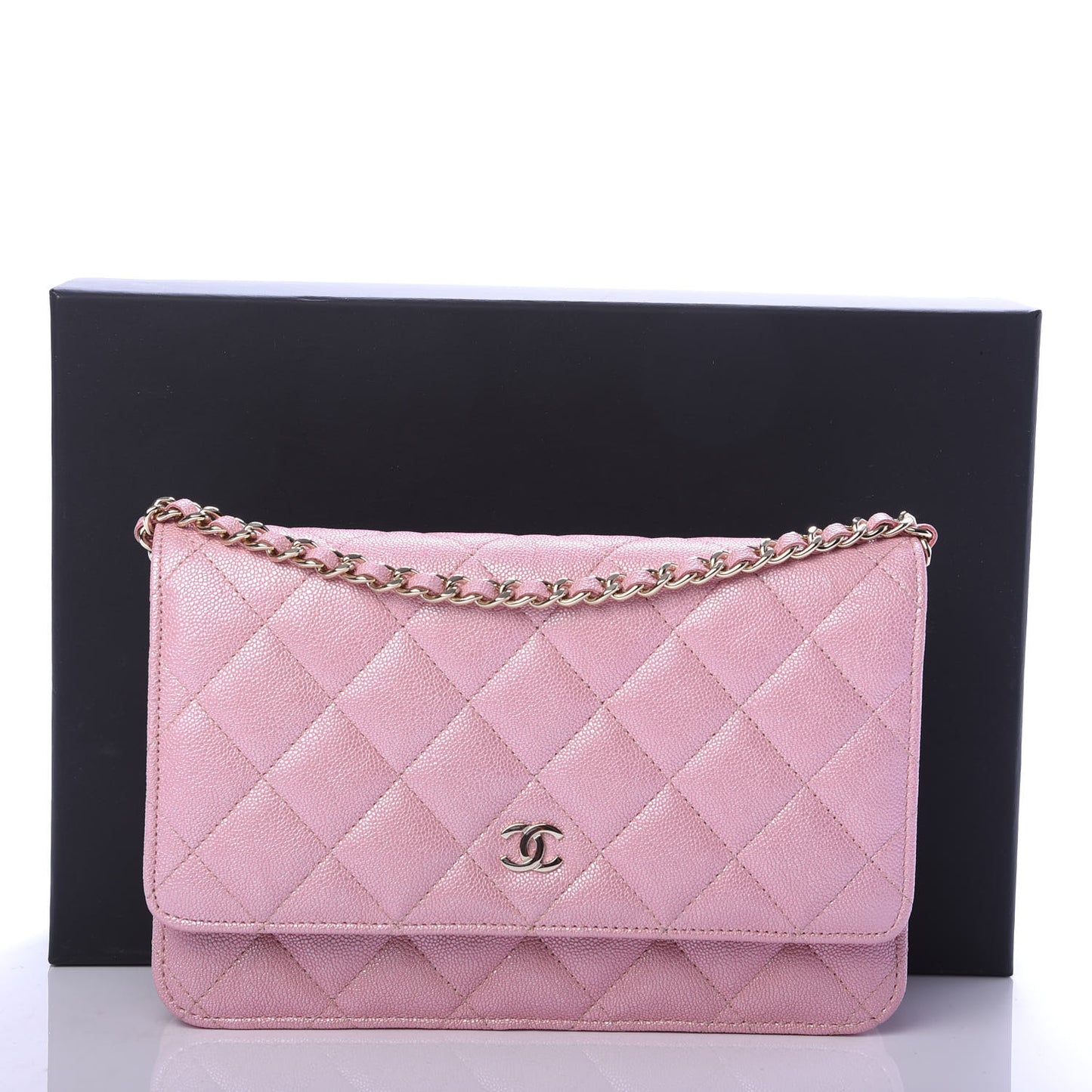 Iridescent Caviar Quilted Wallet on Chain WOC Rose Pink