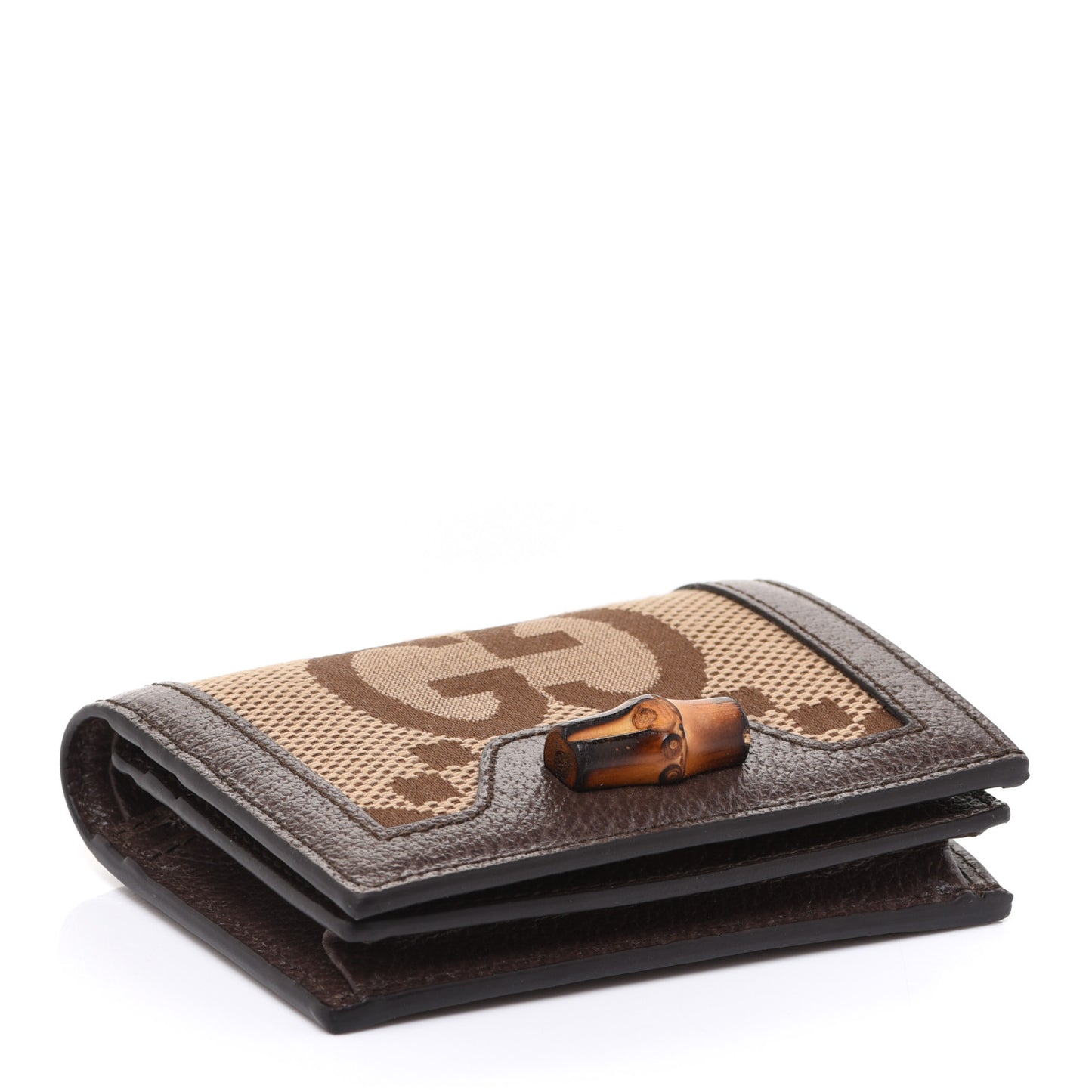 Monogram Jumbo GG Textured Dollar Calfskin Diana Card Case Wallet Camel Ebony New Acero