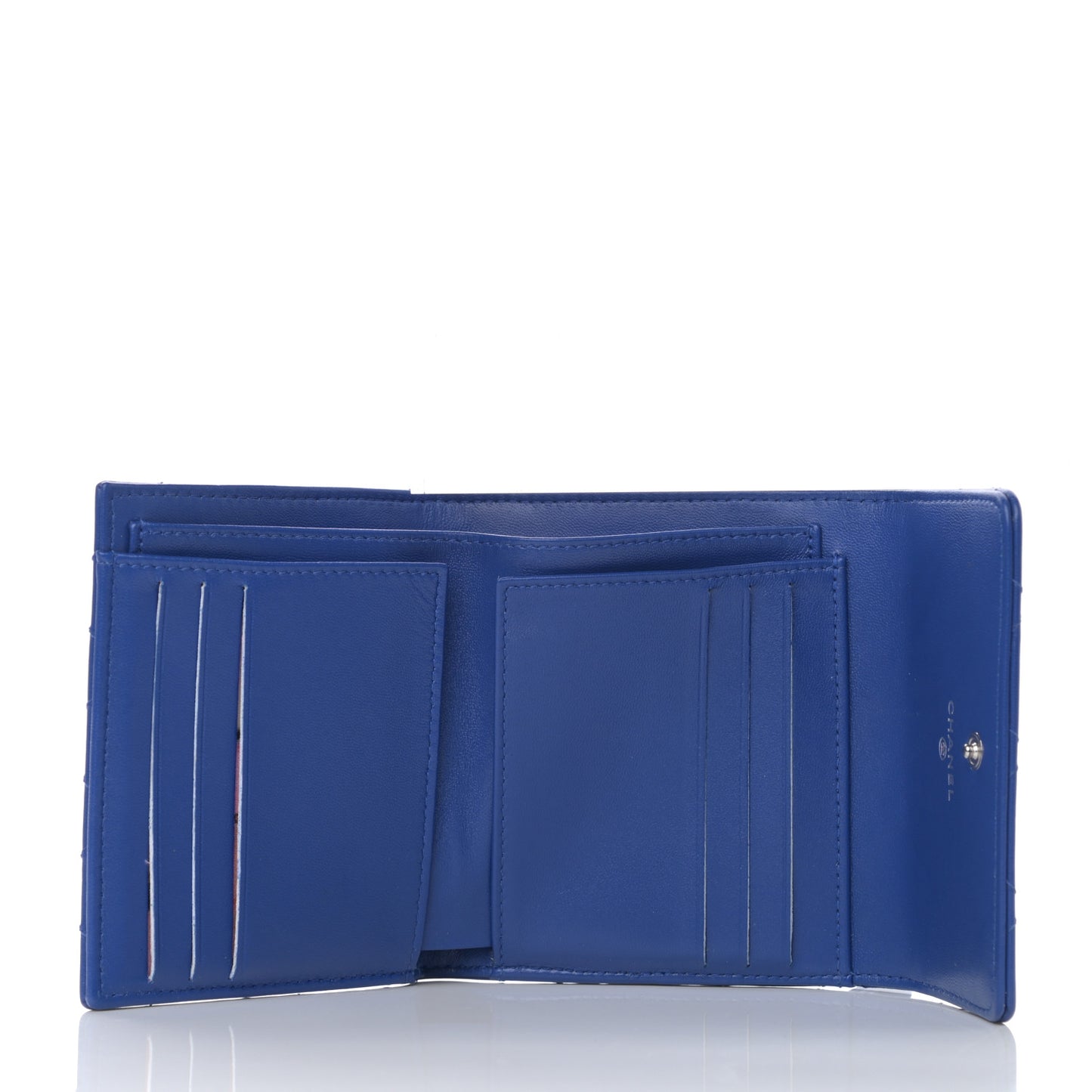 Calfskin Stitched Fancy CC Compact Flap Wallet Blue