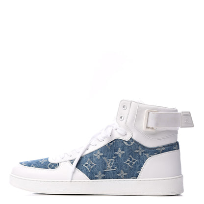 Louis Vuitton Calfskin Monogram Denim Rivoli High Top Sneakers 10 White 1 of 12