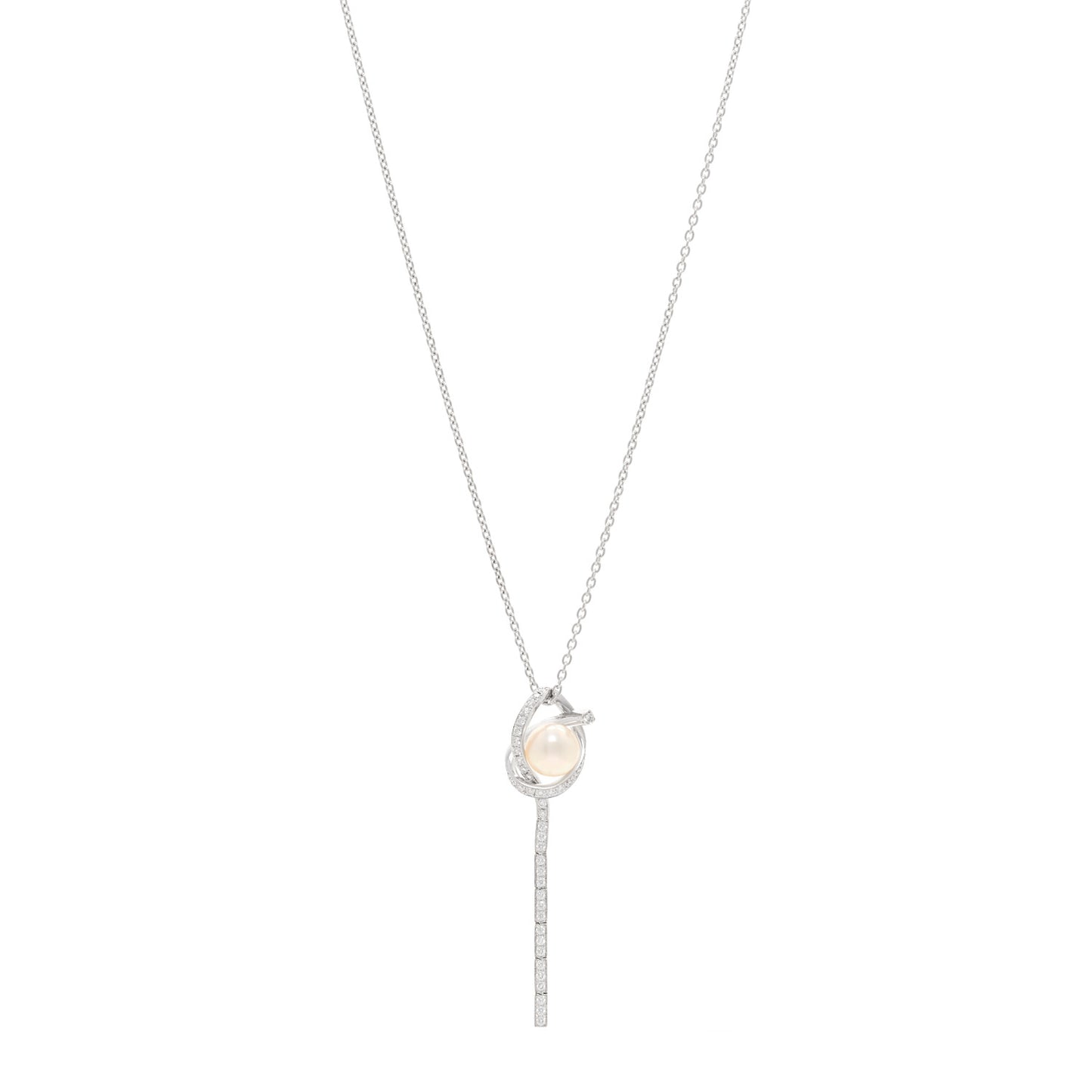 18K White Gold Diamond Akoya Cultured Pearl 8mm Ribbon Drop Pendant Necklace