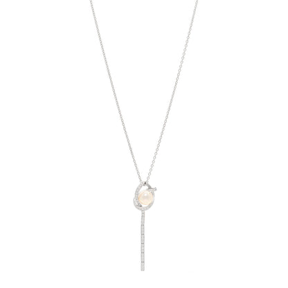 Mikimoto 18K White Gold Diamond Akoya Cultured Pearl 8mm Ribbon Drop Pendant Necklace 1 of 5