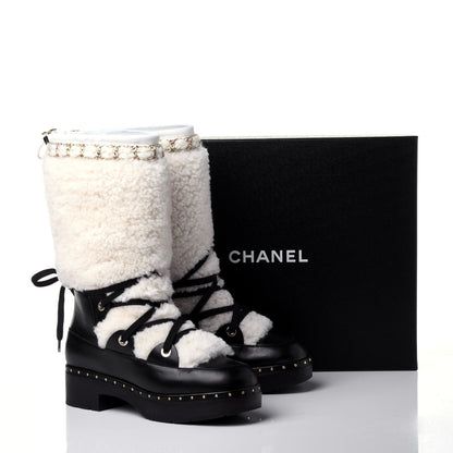 Chanel Shearling Chain Studded CC High Boot 38 Black 11 of 12