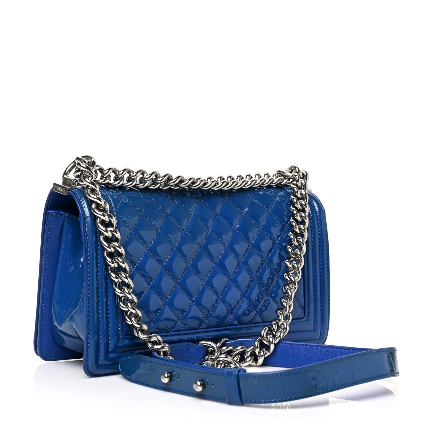 Patent Calfskin Quilted New Medium Plexiglass Boy Flap Blue