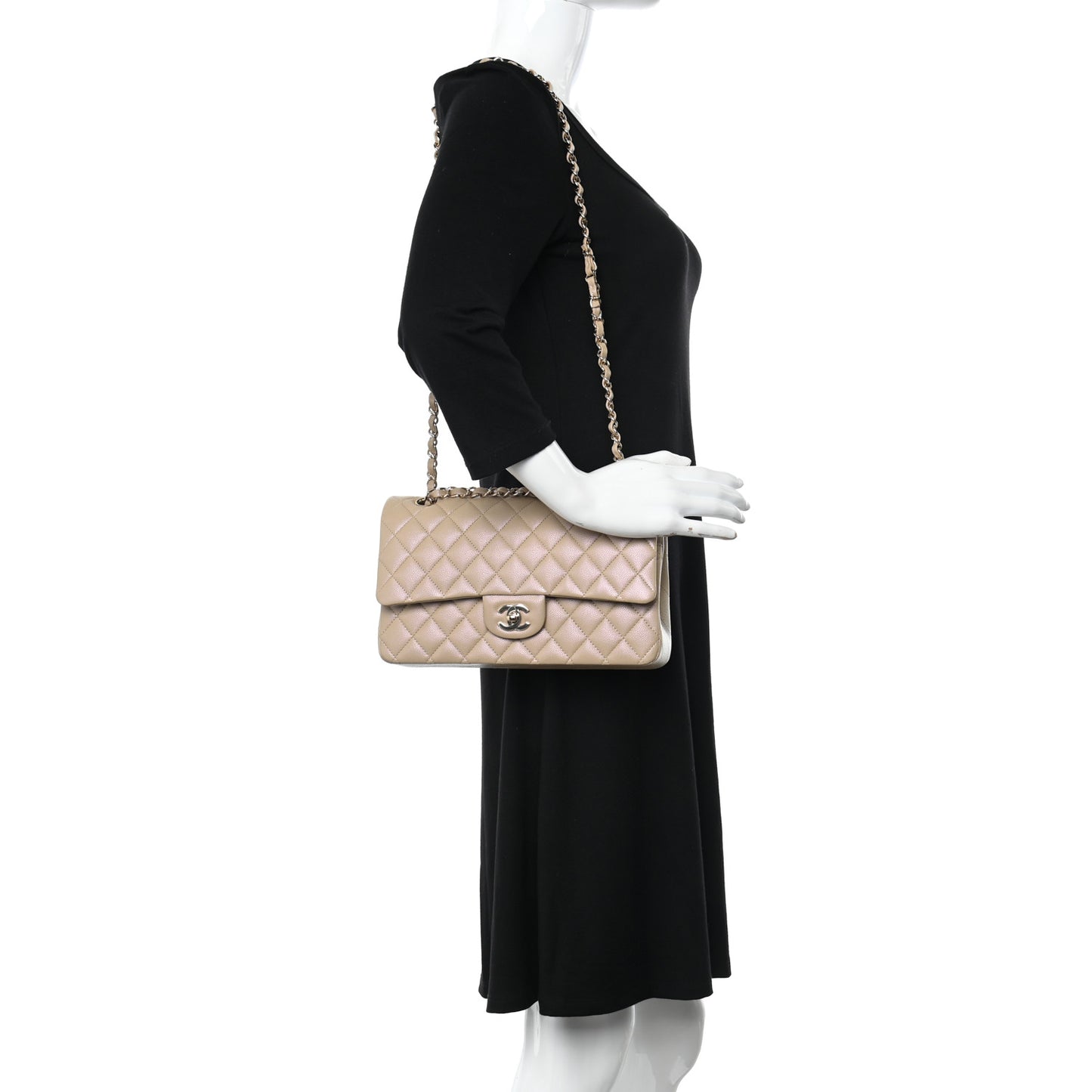 Iridescent Caviar Quilted Medium Double Flap Dark Beige