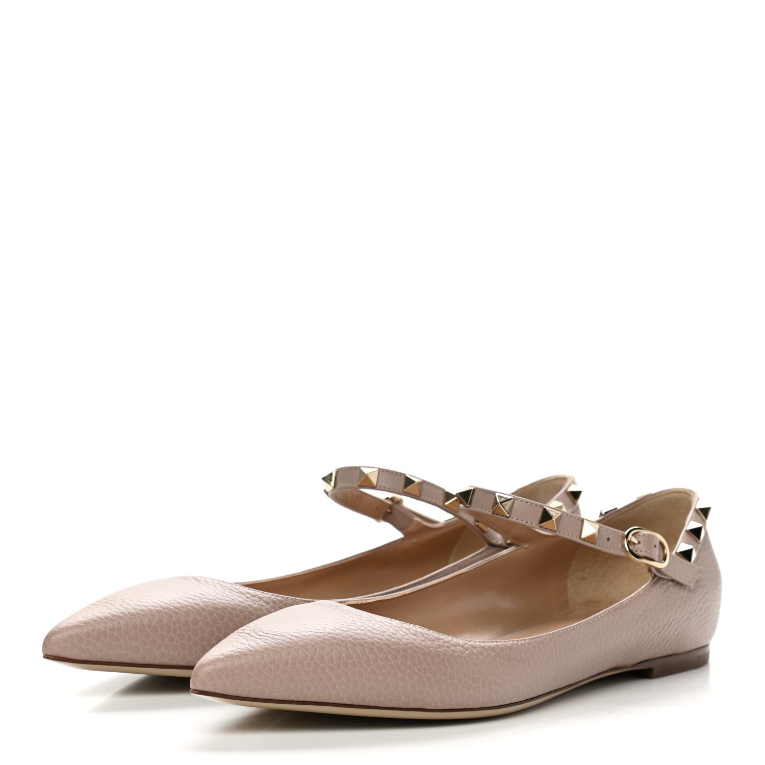 Valentino Garavani Pebbled Calfskin Rockstud Ankle Strap Ballerina Flats 39.5 Poudre 3 of 9