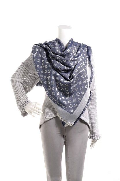 Louis Vuitton Wool Silk Monogram Denim Shawl Blue 2 of 5