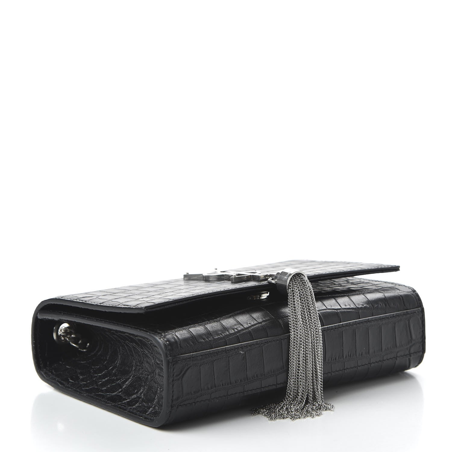 Saint Laurent Calfskin Crocodile Embossed Small Classic Monogram Kate Tassel Satchel Black 4 of 9