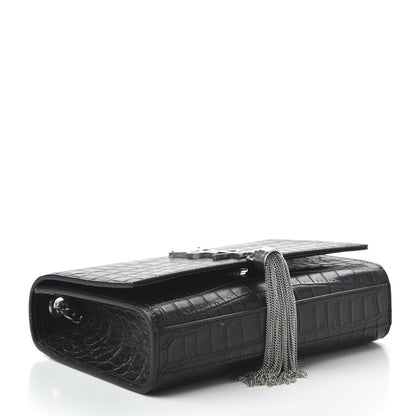 Saint Laurent Calfskin Crocodile Embossed Small Classic Monogram Kate Tassel Satchel Black 4 of 9