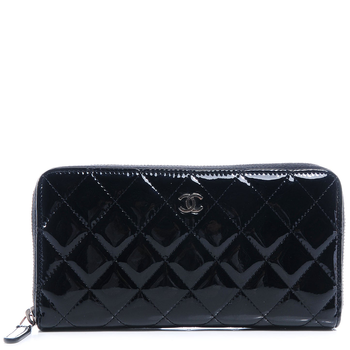 Patent Quilted Zip Around Wallet Black