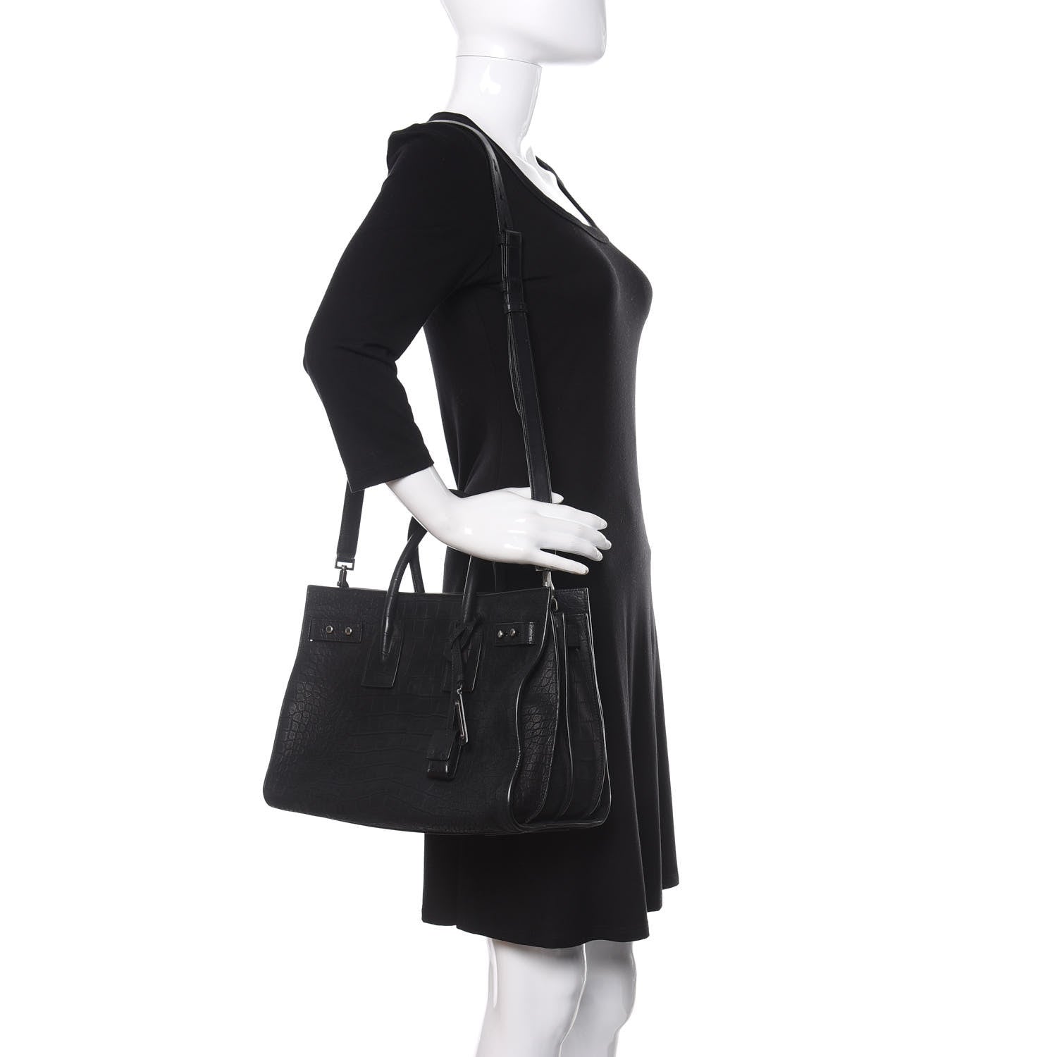 Saint Laurent Crocodile Embossed Suede Small Supple Sac De Jour Black 2 of 11