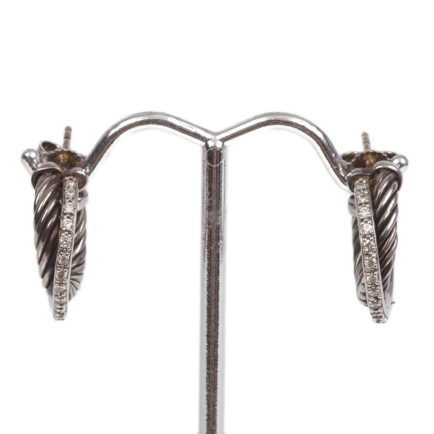 David Yurman 14k White Gold and Sterling Silver Pave Diamond Ice Crossover Diamond Hoop Earrings 1 of 7