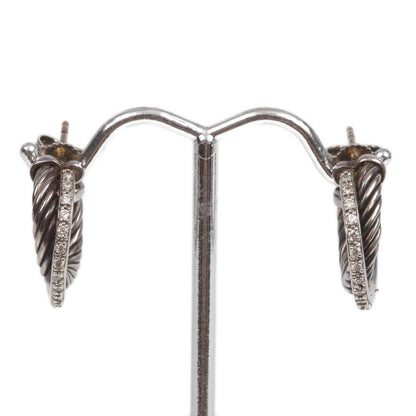 David Yurman 14k White Gold and Sterling Silver Pave Diamond Ice Crossover Diamond Hoop Earrings 1 of 7