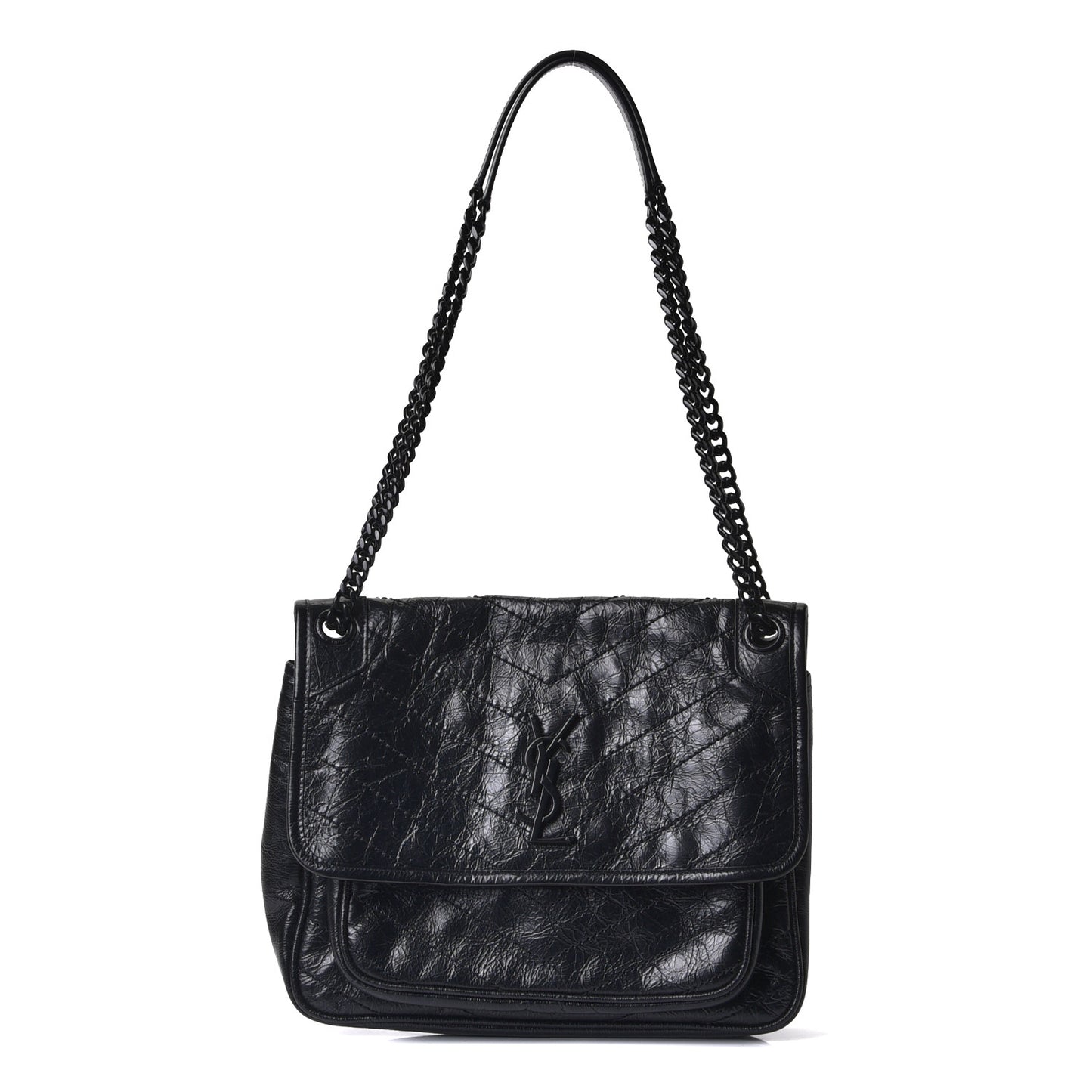 Crinkled Calfskin Matelasse Monogram Medium Niki Chain Satchel Black