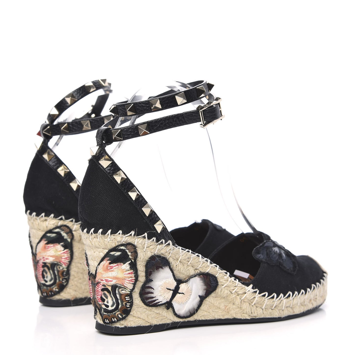 Canvas Butterfly Embroidered Rockstud Ankle Wrap Espadrille 15/85mm Wedges 39 Black