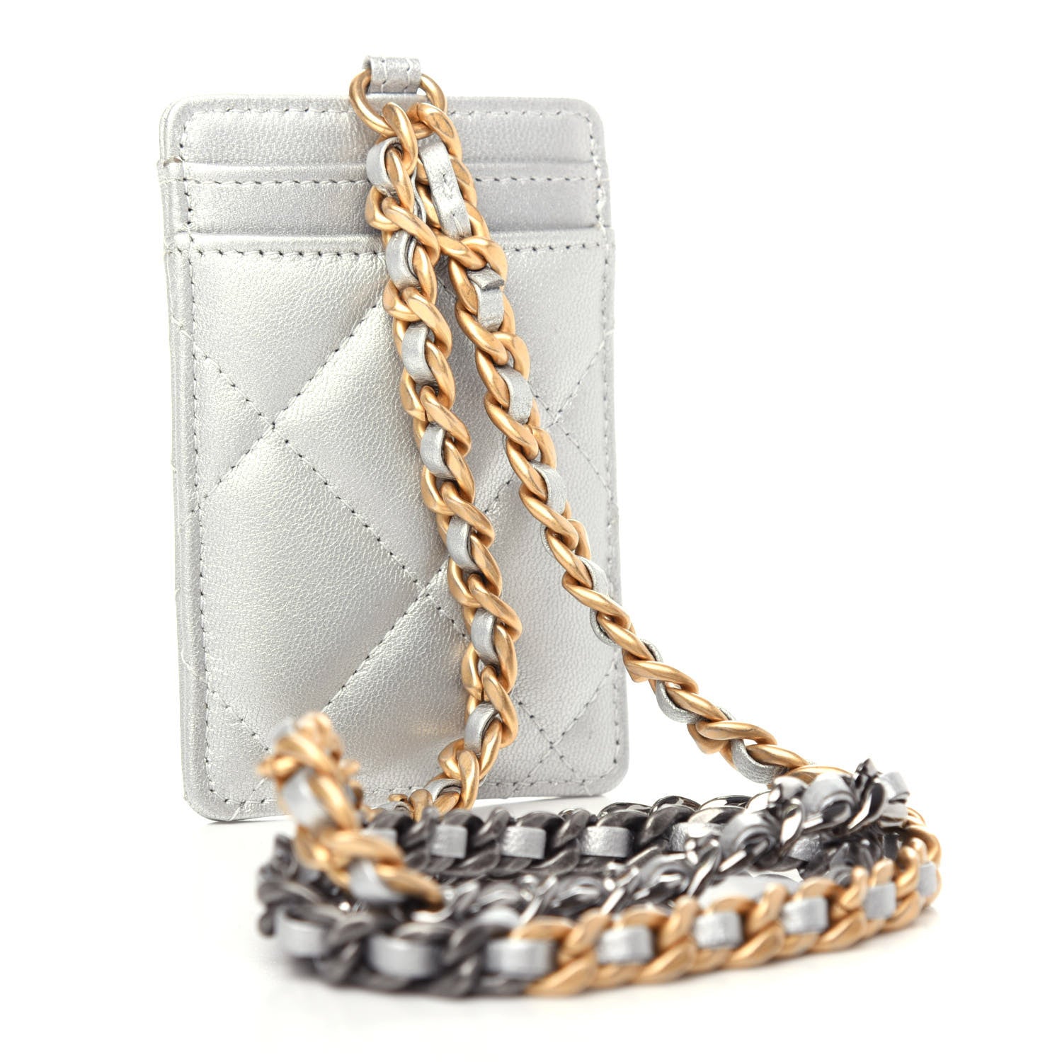 Chanel Metallic Goatskin Quilted Chanel 19 Card Holder On Chain Silver 3 of 10