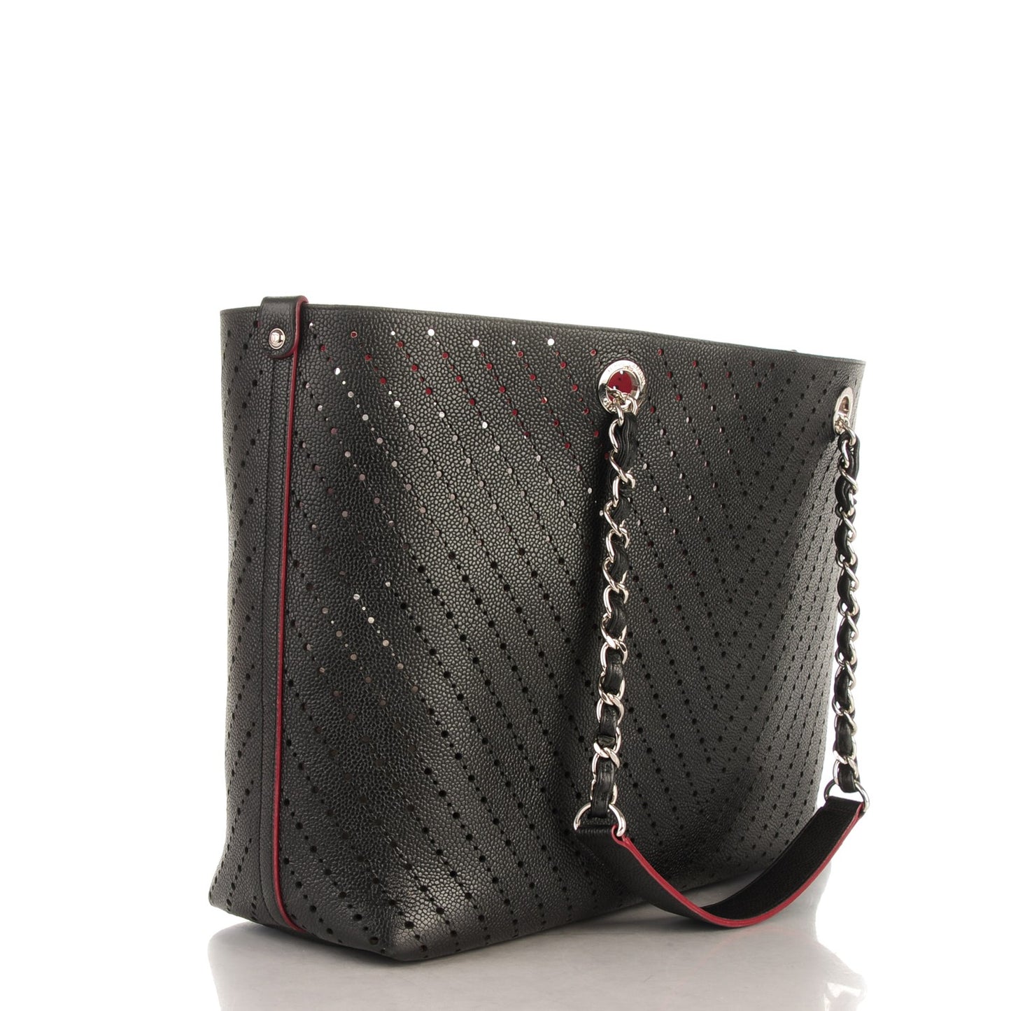 Perforated Grained Calfskin Large Shopping Tote Black