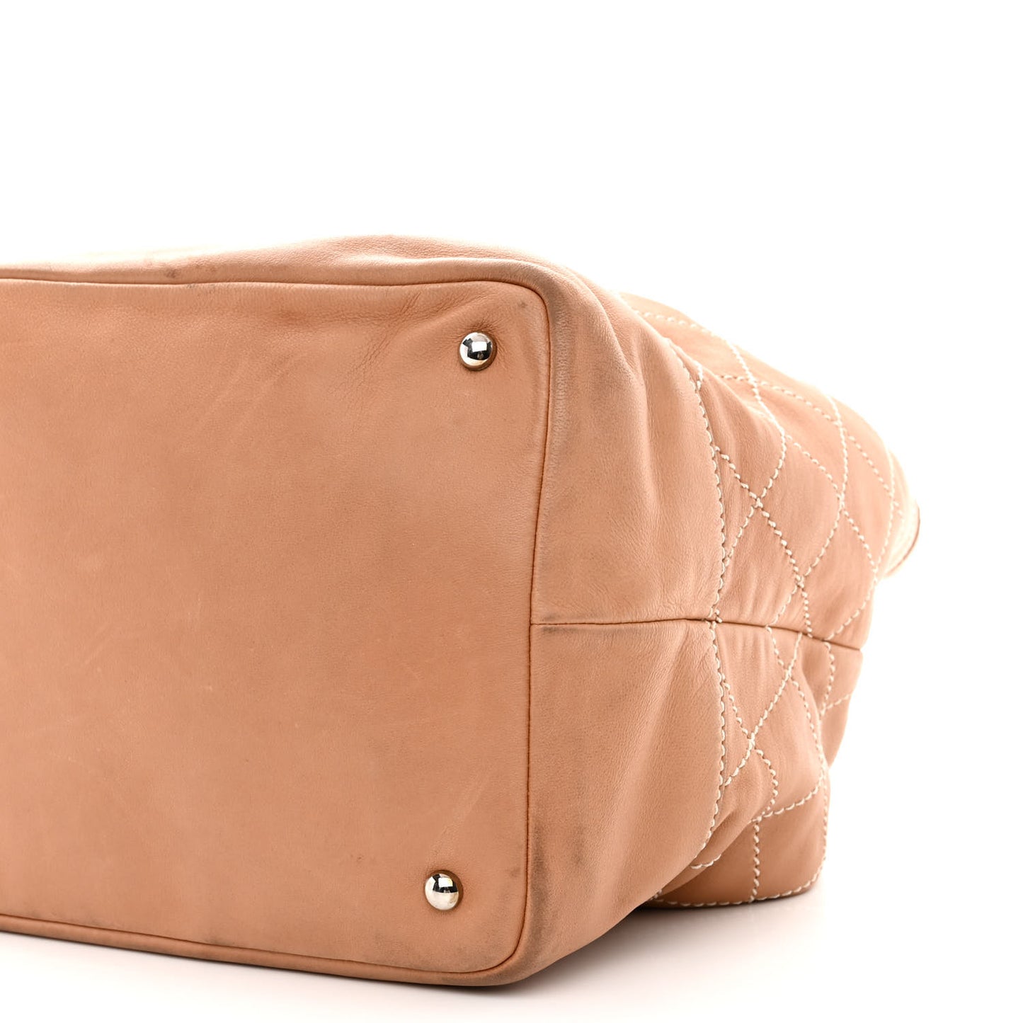 Lambskin Contrast Stitch Large Drawstring Tote Dark Beige