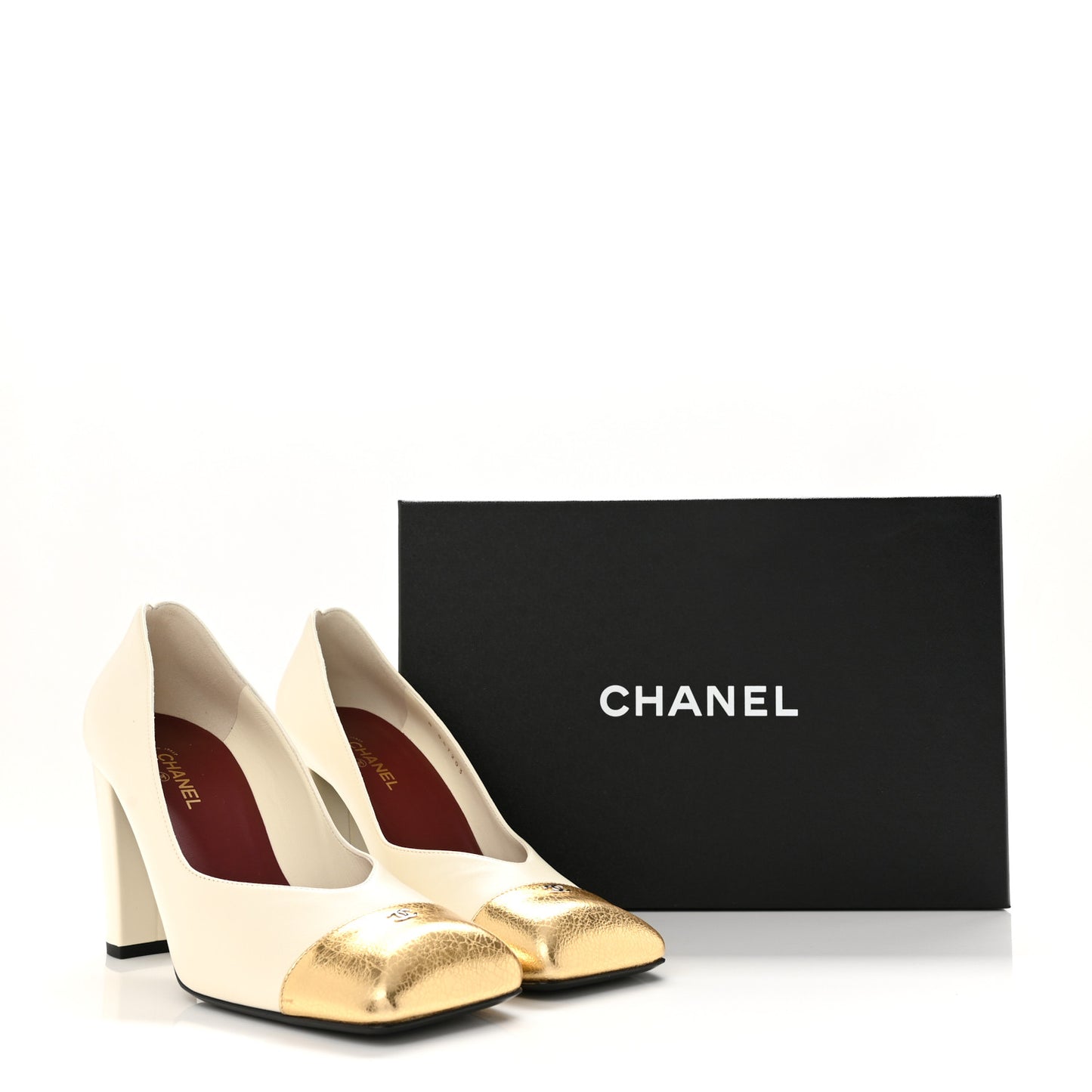 Lambskin Metallic Crackled Calfskin Square Cap Toe Pumps 39.5 Ivory Gold